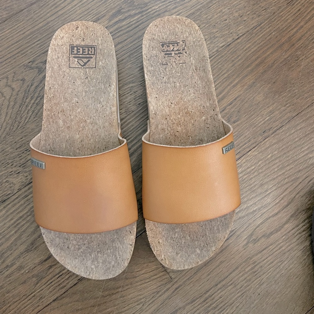 Reef Scout Tan Leather Slides with Cork Footbed